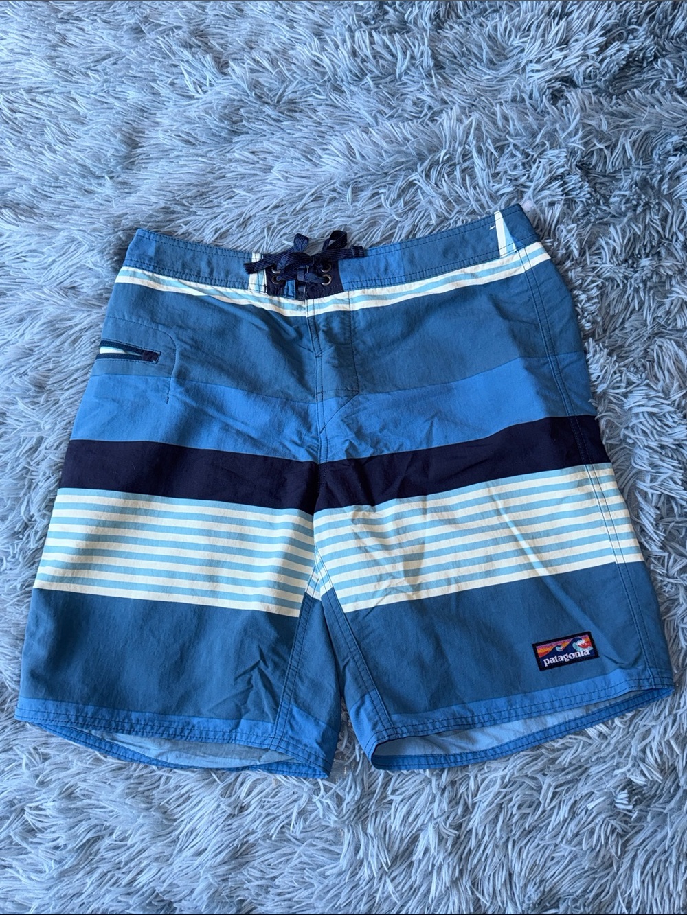 Patagonia Blue Multi-Stripe Swim Trunks